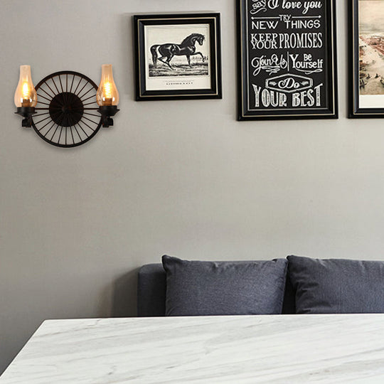 Rustic Outdoor Wall Sconce Lighting Fixture: Clear Glass Vase Shade, 2-Bulb Design with Wheel