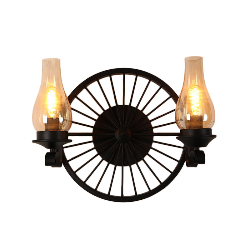 Rustic Outdoor Wall Sconce Lighting Fixture: Clear Glass Vase Shade, 2-Bulb Design with Wheel