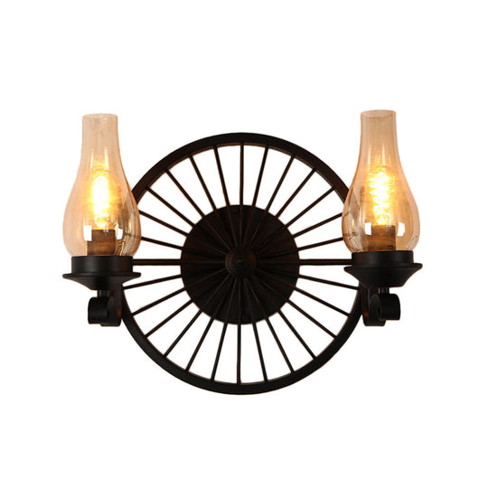 Rustic Outdoor Wall Sconce Lighting Fixture: Clear Glass Vase Shade, 2-Bulb Design with Wheel