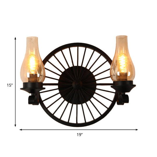 Rustic Outdoor Wall Sconce Lighting Fixture: Clear Glass Vase Shade, 2-Bulb Design with Wheel