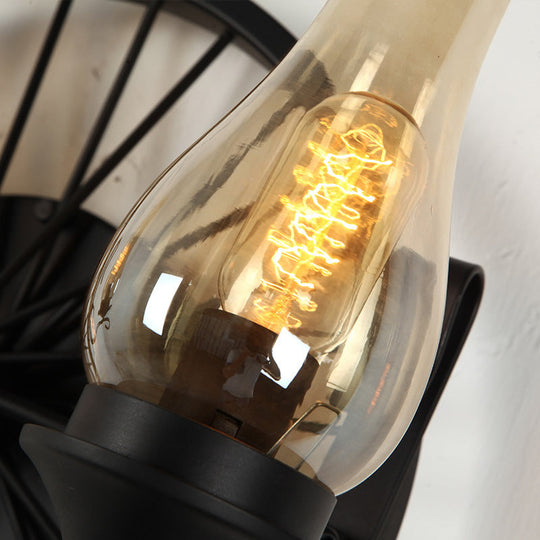 Rustic Outdoor Wall Sconce Lighting Fixture: Clear Glass Vase Shade, 2-Bulb Design with Wheel