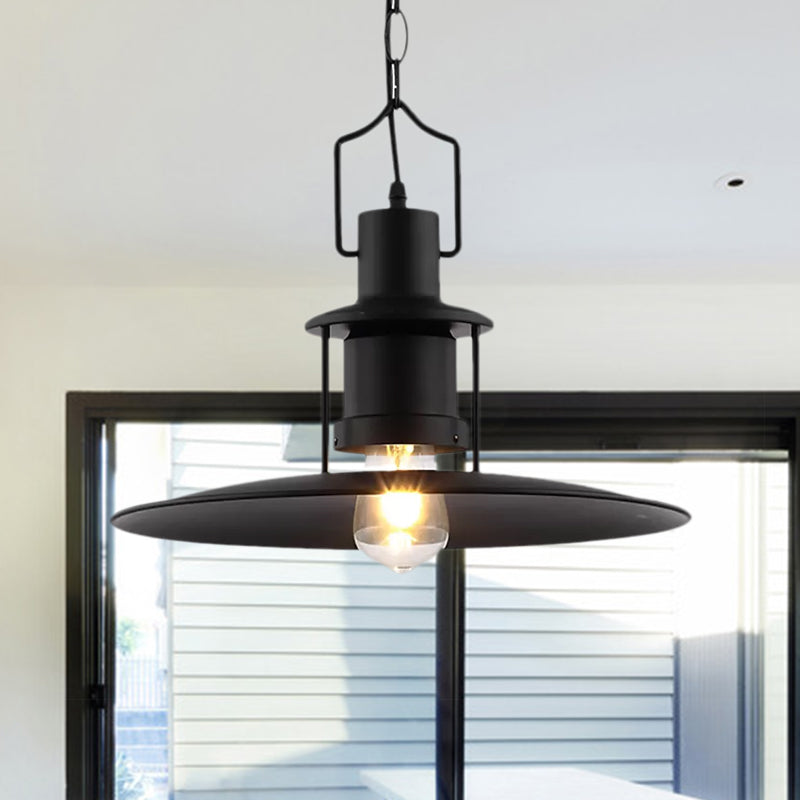 Industrial Metal Pendant Light - Flat Cone Shade, 1-Light Dining Room Hanging Fixture in Black, 16" Width