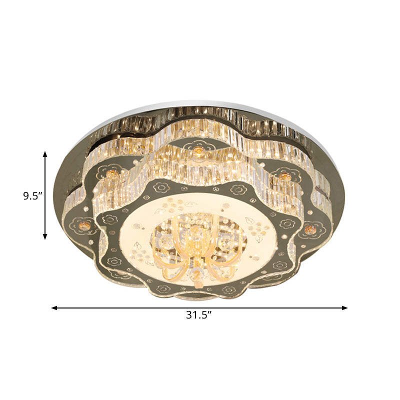 Contemporary Stainless-Steel Flush Ceiling Light with LED, Clear Crystal Blocks and Floral Design