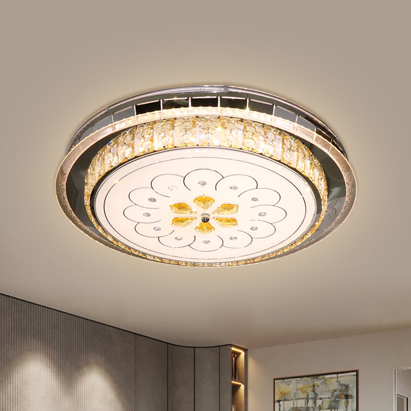 Modern LED Ceiling Lamp: Clear Crystal Circular Flushmount in Stainless-Steel