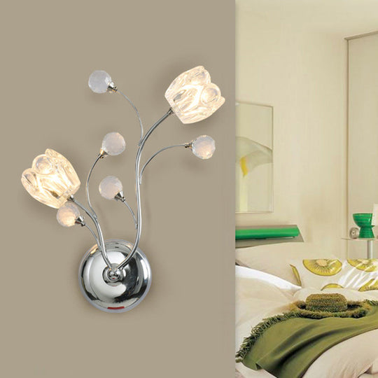 Modern Clear Crystal Chrome Wall Lamp with Swirling Arm and Flower Shade- 2 Bulbs Surface Sconce