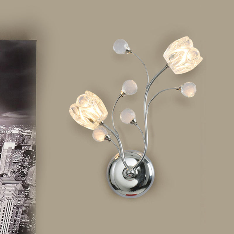 Modern Clear Crystal Chrome Wall Lamp with Swirling Arm and Flower Shade- 2 Bulbs Surface Sconce