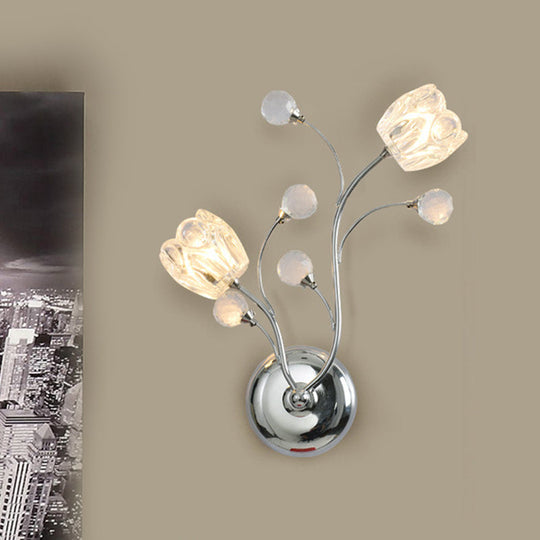 Modern Clear Crystal Chrome Wall Lamp with Swirling Arm and Flower Shade- 2 Bulbs Surface Sconce