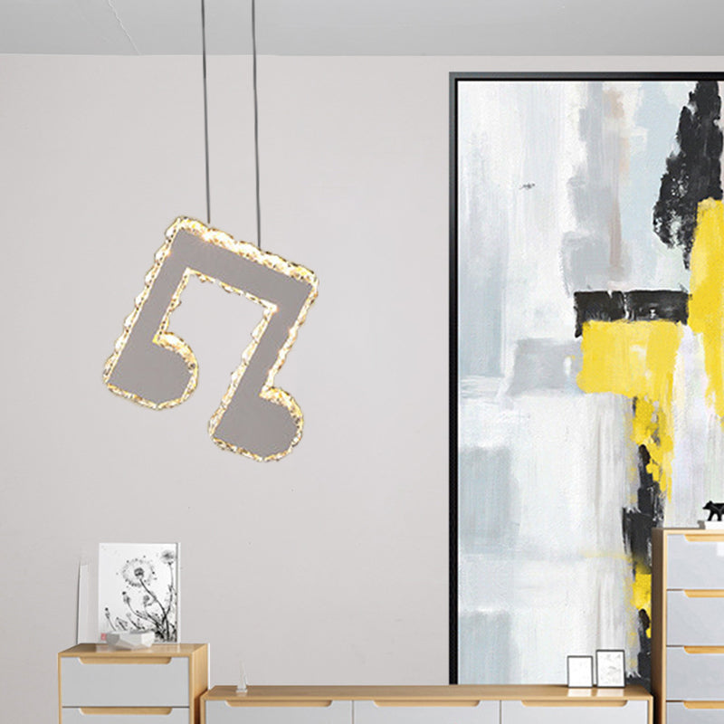 LED Music Note Pendant Light - Contemporary Stainless-Steel, Clear Cut Crystal, Mini Hanging Lamp