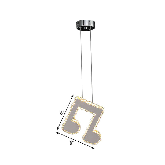 LED Music Note Pendant Light - Contemporary Stainless-Steel, Clear Cut Crystal, Mini Hanging Lamp