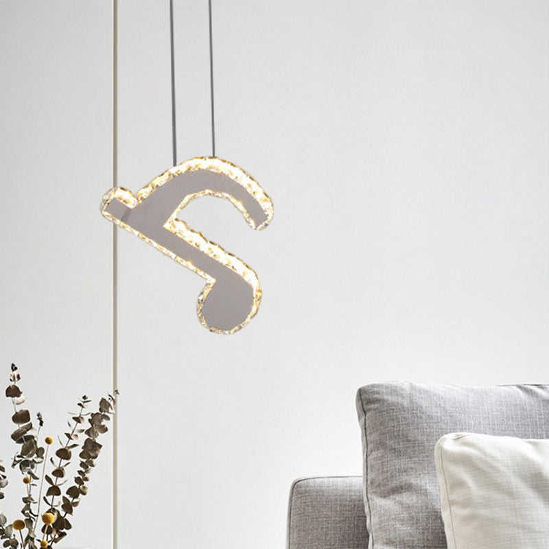 LED Music Note Pendant Light - Contemporary Stainless-Steel, Clear Cut Crystal, Mini Hanging Lamp