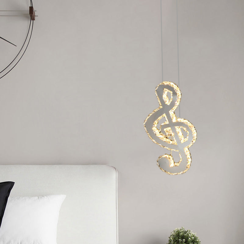 LED Music Note Pendant Light - Contemporary Stainless-Steel, Clear Cut Crystal, Mini Hanging Lamp