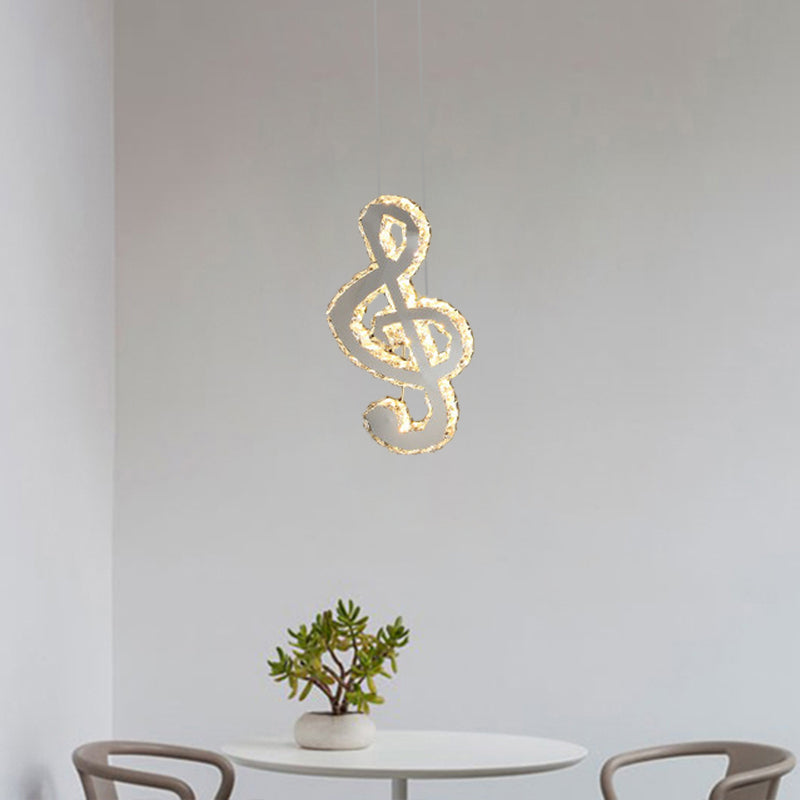 LED Music Note Pendant Light - Contemporary Stainless-Steel, Clear Cut Crystal, Mini Hanging Lamp