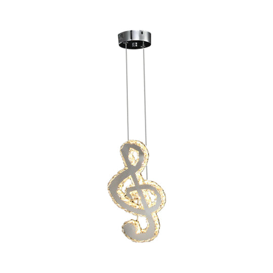 LED Music Note Pendant Light - Contemporary Stainless-Steel, Clear Cut Crystal, Mini Hanging Lamp