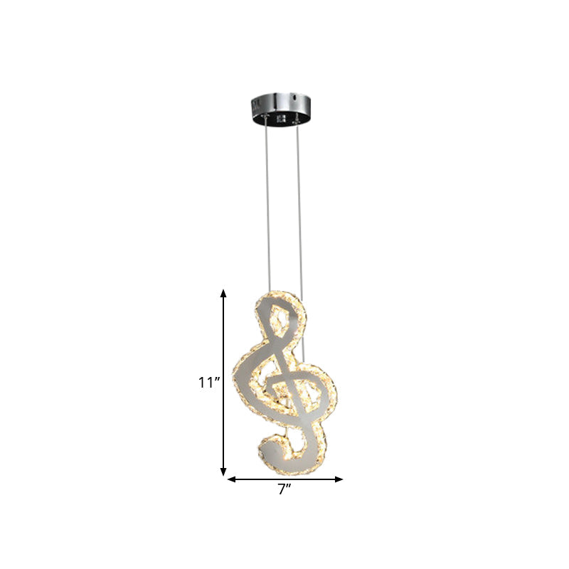 LED Music Note Pendant Light - Contemporary Stainless-Steel, Clear Cut Crystal, Mini Hanging Lamp