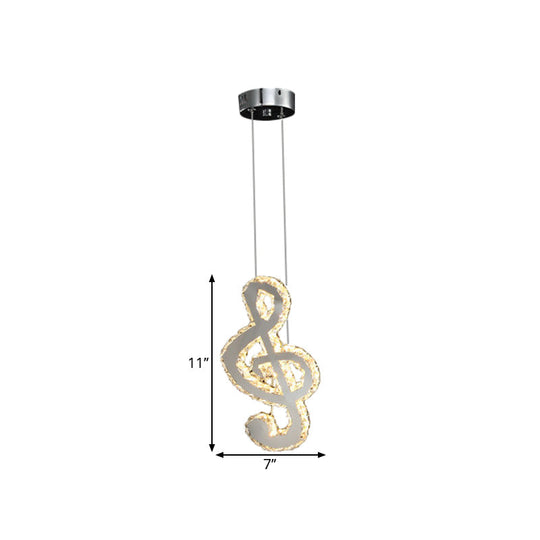 LED Music Note Pendant Light - Contemporary Stainless-Steel, Clear Cut Crystal, Mini Hanging Lamp