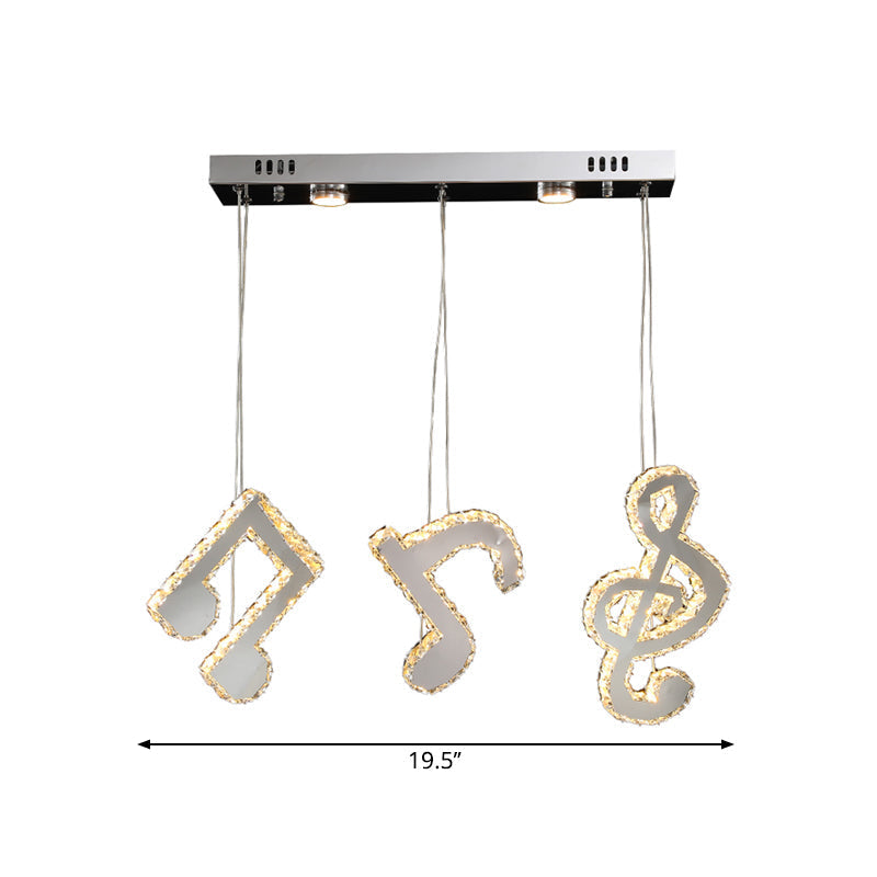Modern Stainless Steel LED Pendant Light with Clear Crystals and Musical Note Suspension