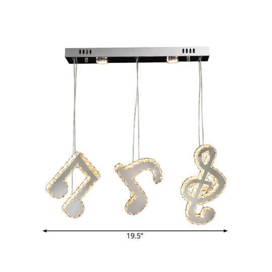 Modern Stainless Steel LED Pendant Light with Clear Crystals and Musical Note Suspension