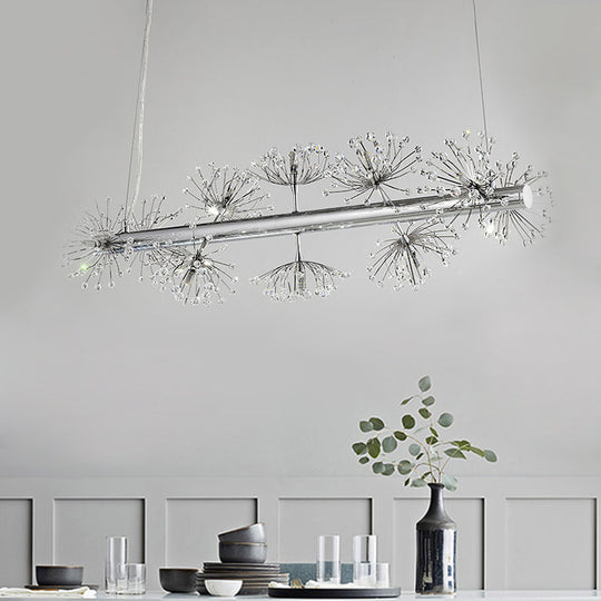 10-Head Clear Crystals Island Lamp: Contemporary Chrome Dandelion Pendant Lighting for Dining Room