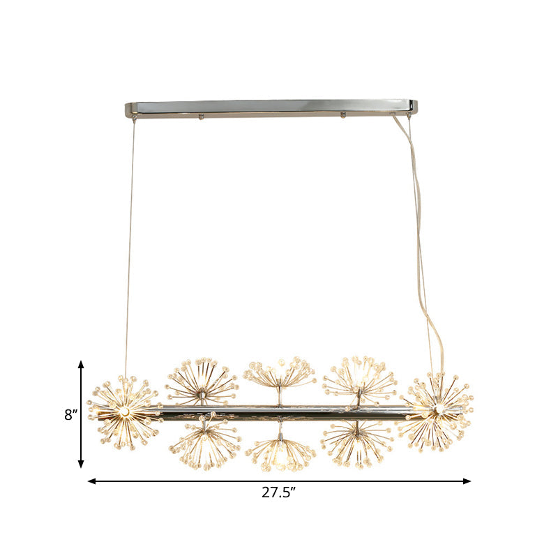 10-Head Clear Crystals Island Lamp: Contemporary Chrome Dandelion Pendant Lighting for Dining Room