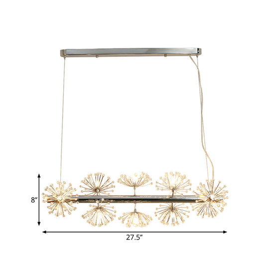 10-Head Clear Crystals Island Lamp: Contemporary Chrome Dandelion Pendant Lighting for Dining Room