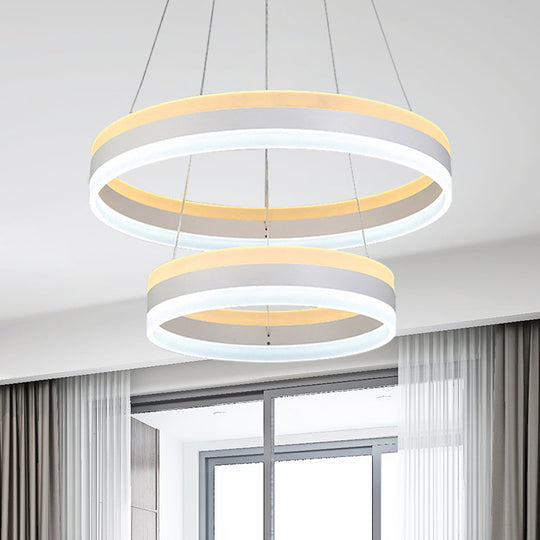 Modern Silver Circular LED Chandelier Pendant Light Fixture | 1/2/3-Light Acrylic Ceiling Lighting