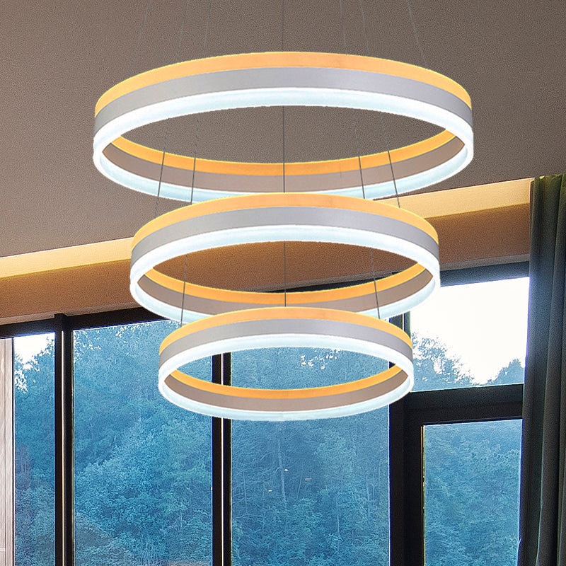 Modern Silver Circular LED Chandelier Pendant Light Fixture | 1/2/3-Light Acrylic Ceiling Lighting