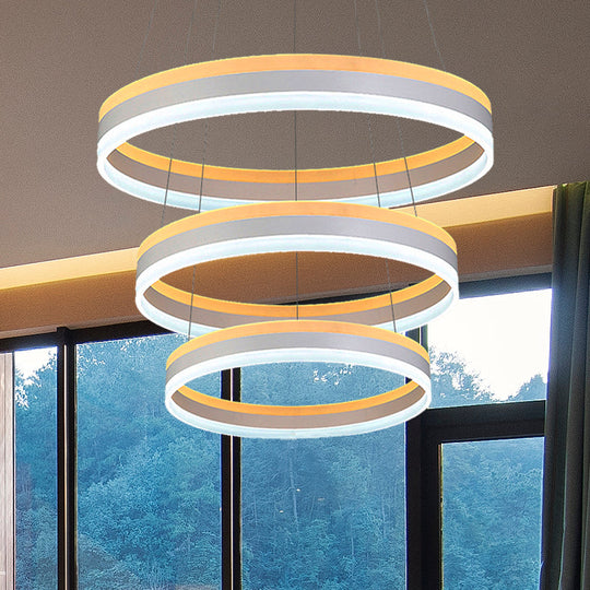 Modern Silver Circular LED Chandelier Pendant Light Fixture | 1/2/3-Light Acrylic Ceiling Lighting
