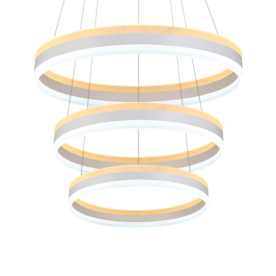 Modern Silver Circular LED Chandelier Pendant Light Fixture | 1/2/3-Light Acrylic Ceiling Lighting