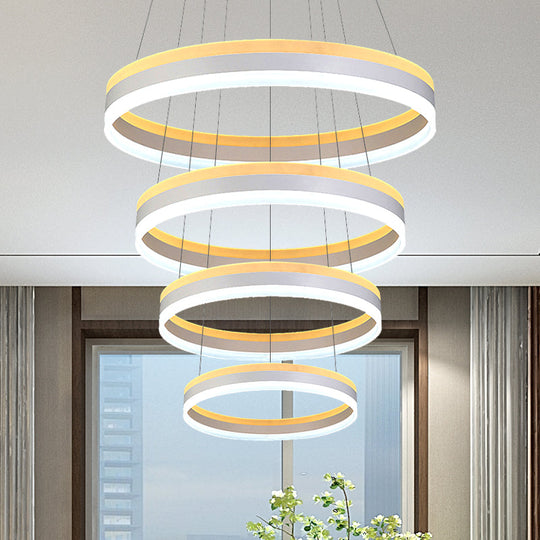 Modern Silver Circular LED Chandelier Pendant Light Fixture | 1/2/3-Light Acrylic Ceiling Lighting