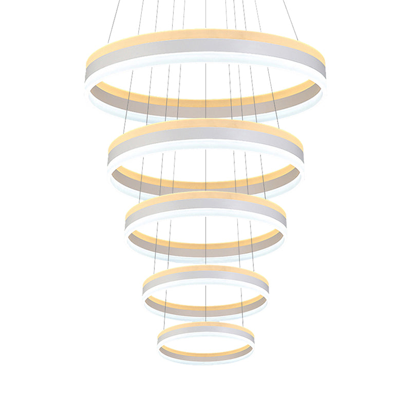 Modern Silver Circular LED Chandelier Pendant Light Fixture | 1/2/3-Light Acrylic Ceiling Lighting