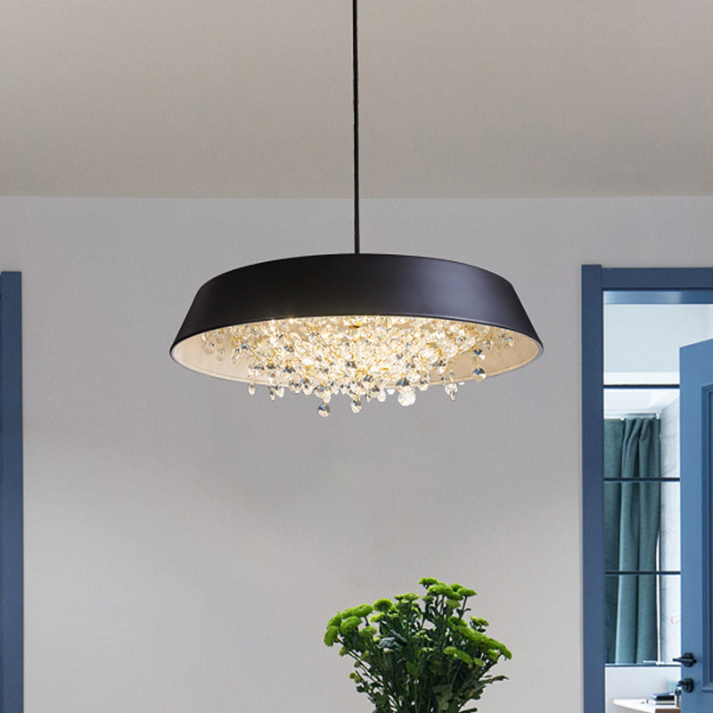 Modern Metal LED Hanging Lamp: Circular Tray Design with Crystal Drop & Down Lighting in Warm/White Light - Black/White/Gold
