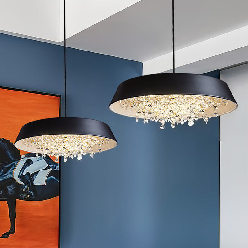 Modern Metal LED Hanging Lamp: Circular Tray Design with Crystal Drop & Down Lighting in Warm/White Light - Black/White/Gold
