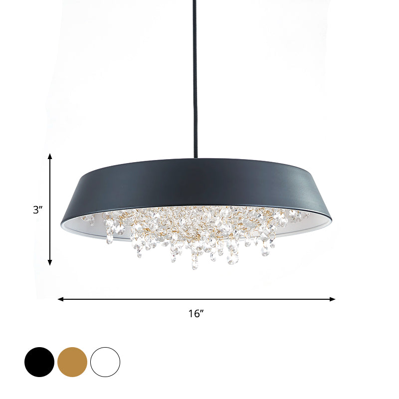 Modern Metal LED Hanging Lamp: Circular Tray Design with Crystal Drop & Down Lighting in Warm/White Light - Black/White/Gold