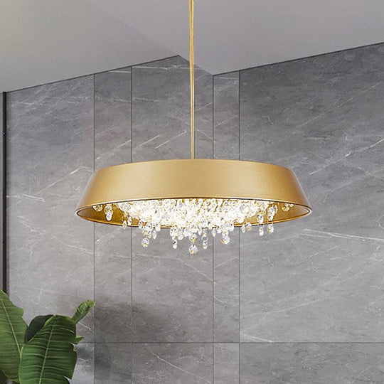 Modern Metal LED Hanging Lamp: Circular Tray Design with Crystal Drop & Down Lighting in Warm/White Light - Black/White/Gold