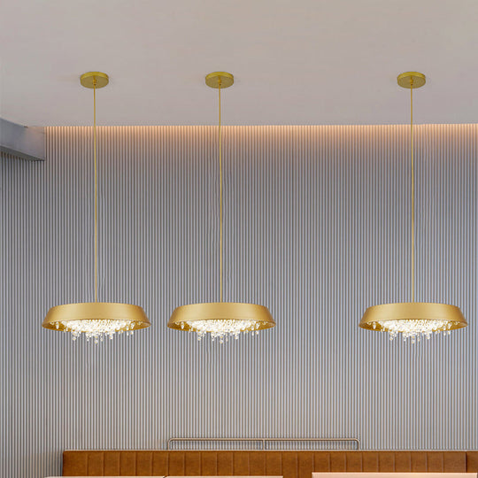 Modern Metal LED Hanging Lamp: Circular Tray Design with Crystal Drop & Down Lighting in Warm/White Light - Black/White/Gold