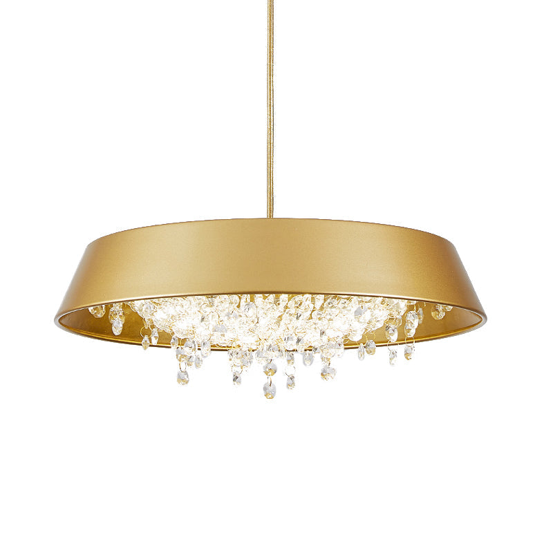 Modern Metal LED Hanging Lamp: Circular Tray Design with Crystal Drop & Down Lighting in Warm/White Light - Black/White/Gold