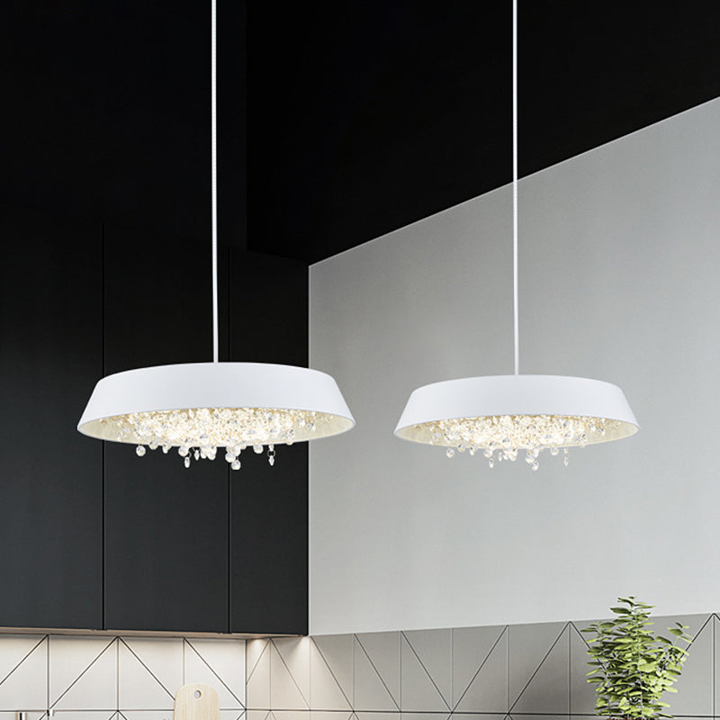 Modern Metal LED Hanging Lamp: Circular Tray Design with Crystal Drop & Down Lighting in Warm/White Light - Black/White/Gold