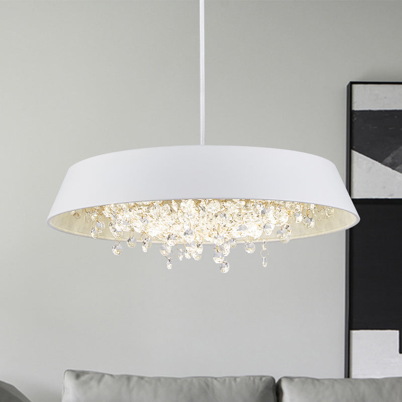 Modern Metal LED Hanging Lamp: Circular Tray Design with Crystal Drop & Down Lighting in Warm/White Light - Black/White/Gold