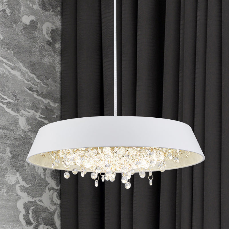 Modern Metal LED Hanging Lamp: Circular Tray Design with Crystal Drop & Down Lighting in Warm/White Light - Black/White/Gold