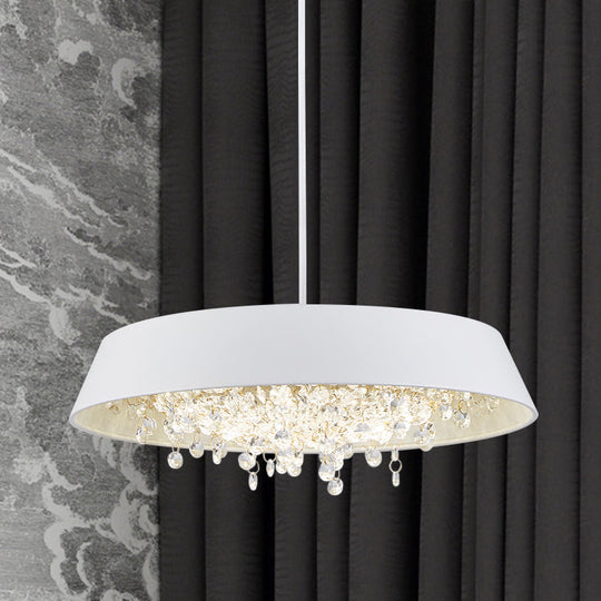Modern Metal LED Hanging Lamp: Circular Tray Design with Crystal Drop & Down Lighting in Warm/White Light - Black/White/Gold