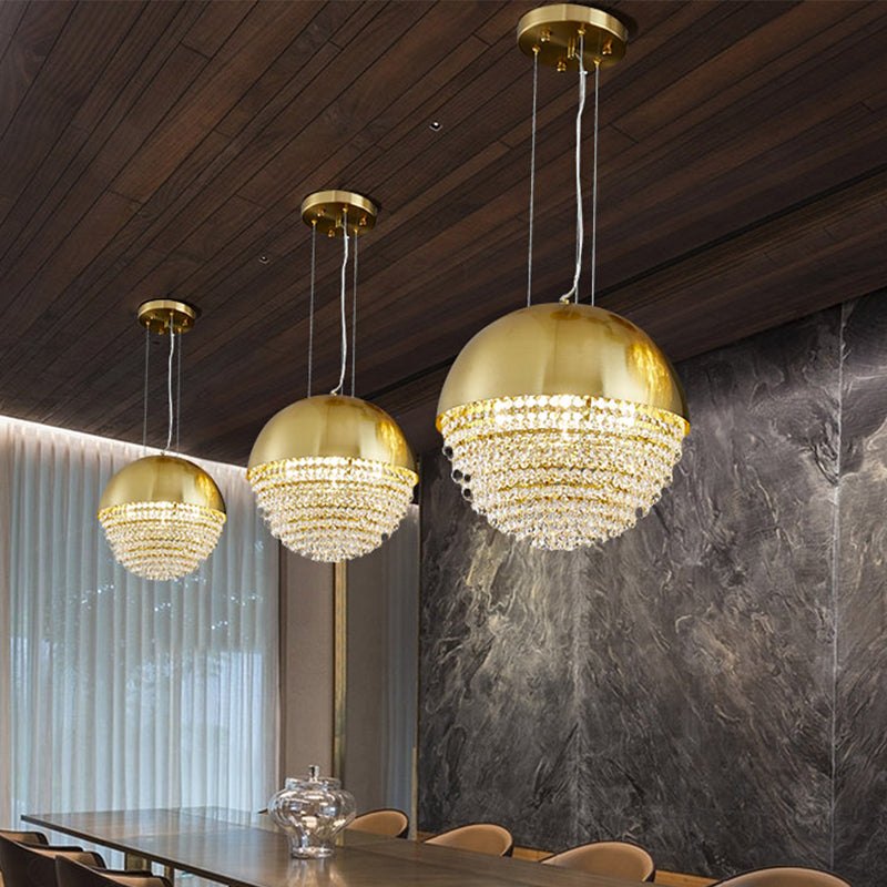 Modern Gold Dome LED Pendant Light with Beveled Crystal Suspension for Dining Room