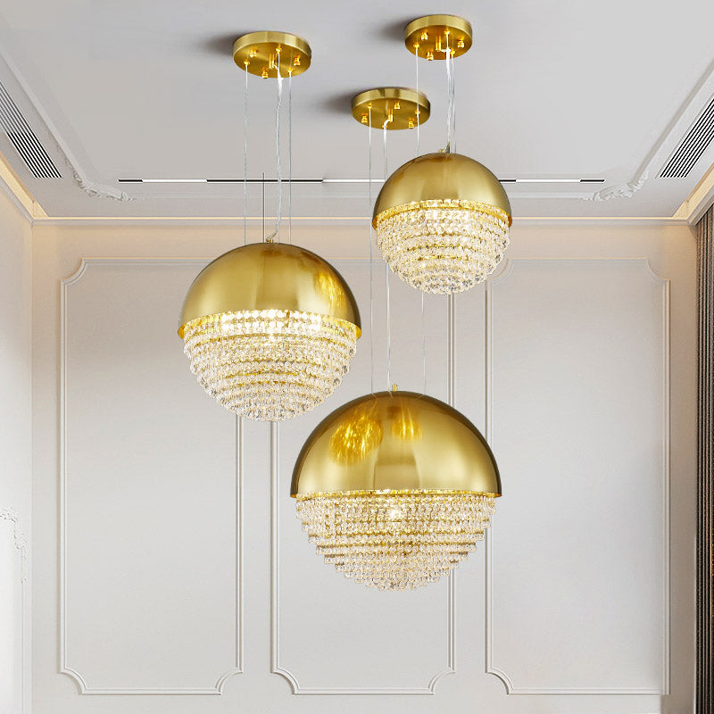 Modern Gold Dome LED Pendant Light with Beveled Crystal Suspension for Dining Room