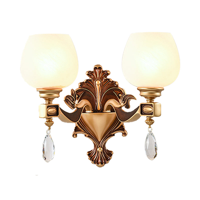 Vintage Brass Wall Light with Milky Glass and Crystal Accents