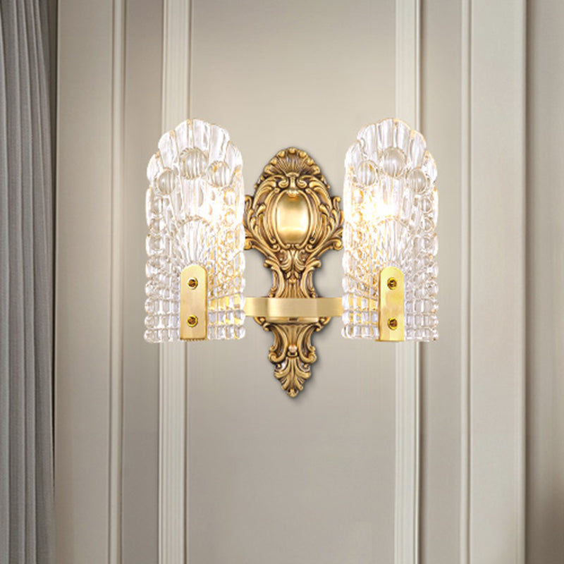 Classic Clear Lattice Glass Bedside Wall Sconce - Brass Half-Bulb Wall Lighting Fixture