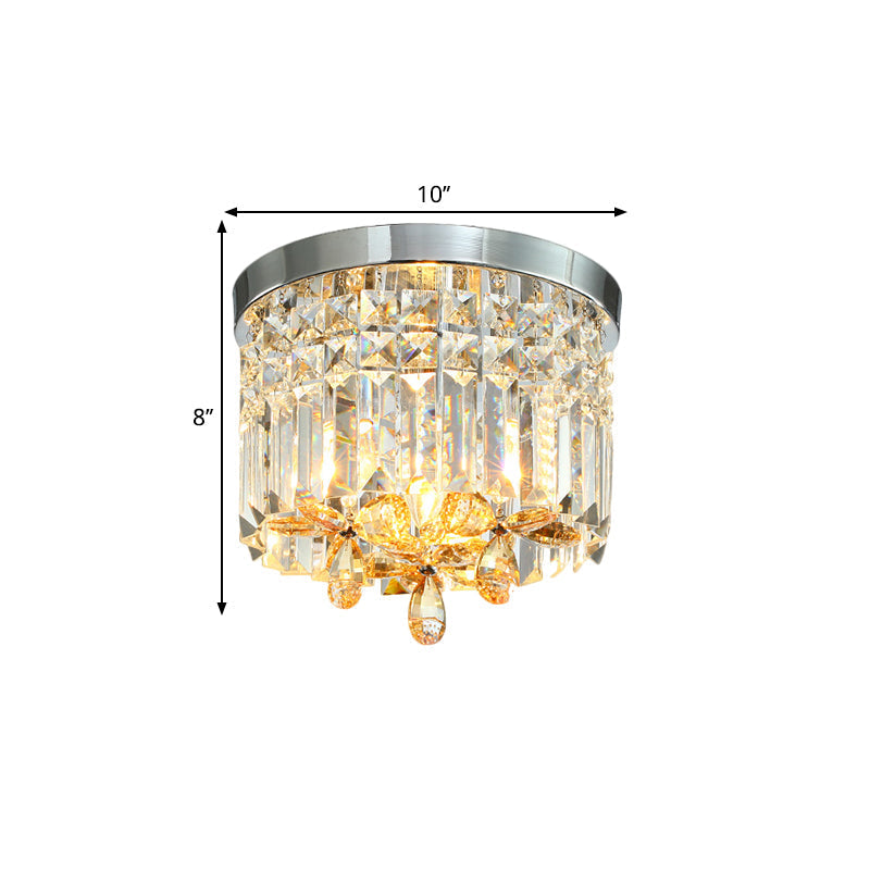 Chrome Cylinder Crystal LED Flush Light for Doorway - 10"/15.5" Wide