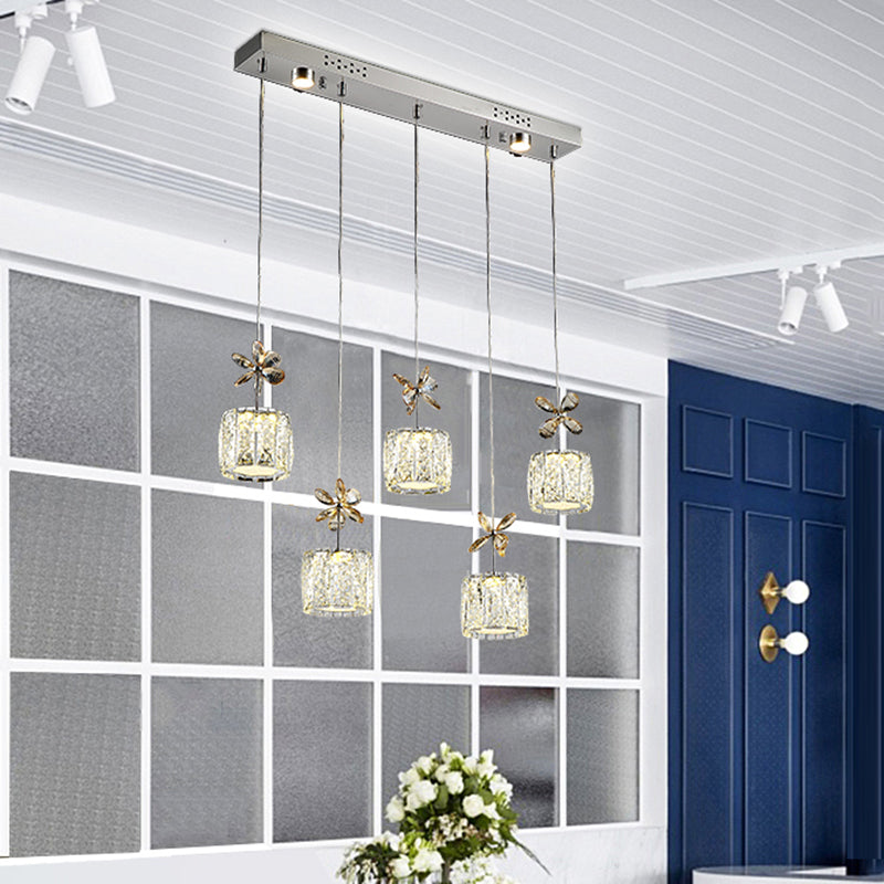 Chrome LED Multi Light Pendant with Faceted Crystal and Modern Cylinder Design for Dining Room - 13.5"/27.5" Wide