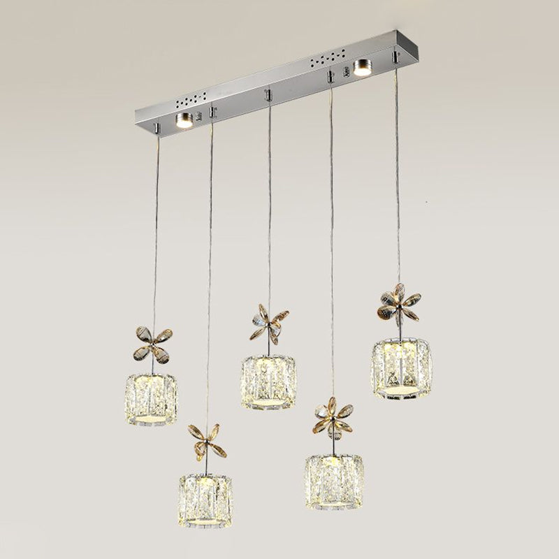 Chrome LED Multi Light Pendant with Faceted Crystal and Modern Cylinder Design for Dining Room - 13.5"/27.5" Wide