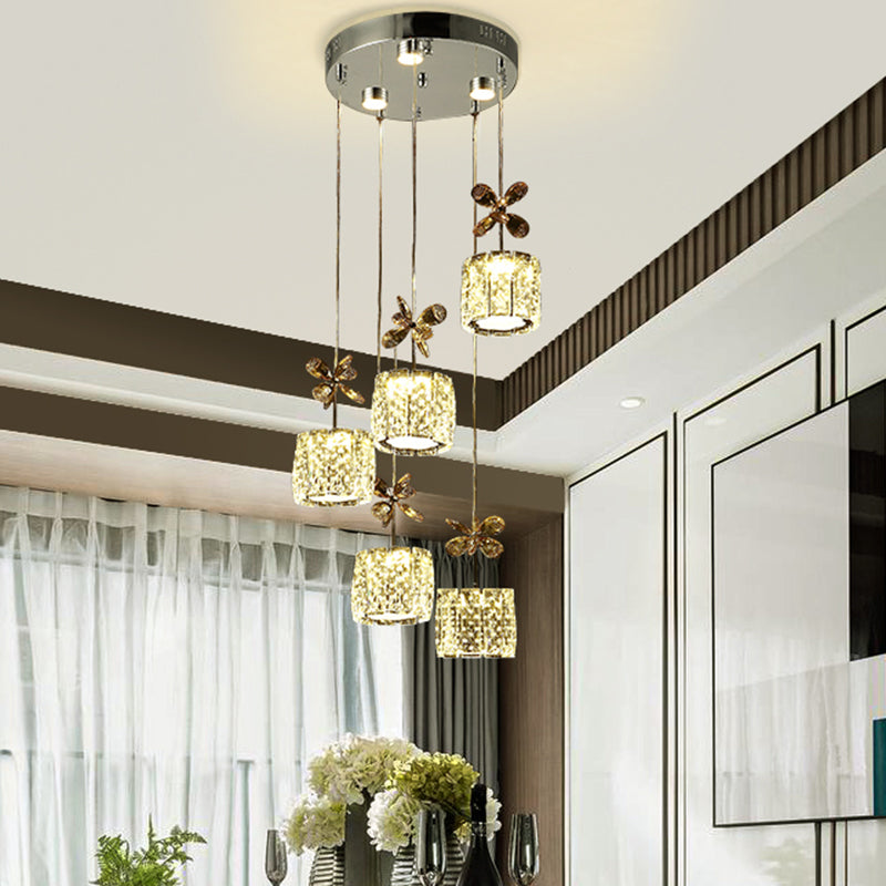 Chrome LED Multi Light Pendant with Faceted Crystal and Modern Cylinder Design for Dining Room - 13.5"/27.5" Wide