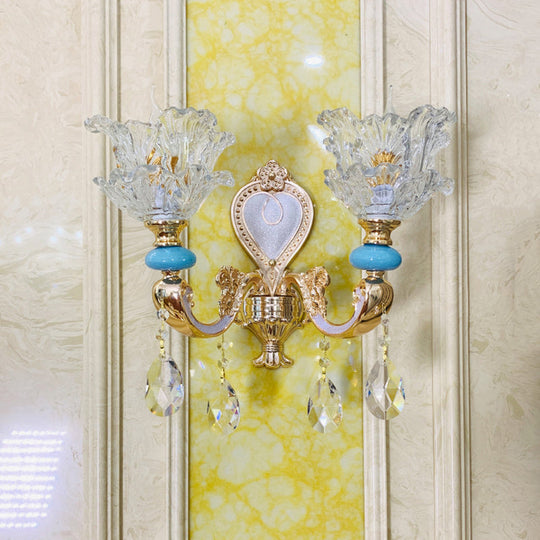 Traditional Layered Flower Wall Light Kit - Gold-Blue, Clear Crystal, 1/2-Head Wall Lighting
