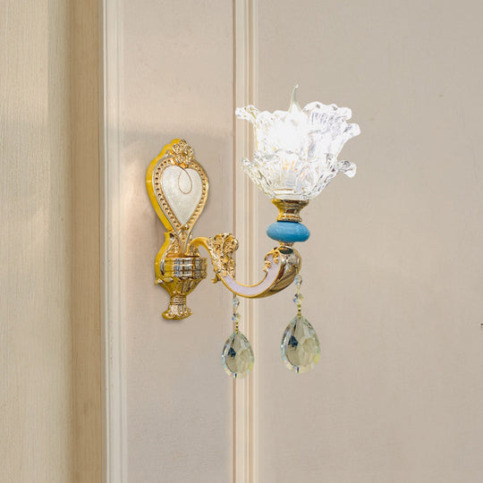 Traditional Layered Flower Wall Light Kit - Gold-Blue, Clear Crystal, 1/2-Head Wall Lighting